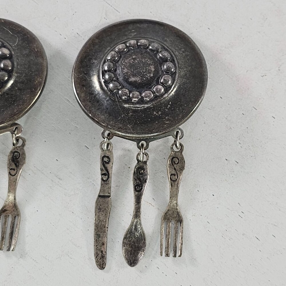 Vintage Clip On Earrings With Dangling Utensils Fork Spoo Knife Charms - Picture 4 of 8